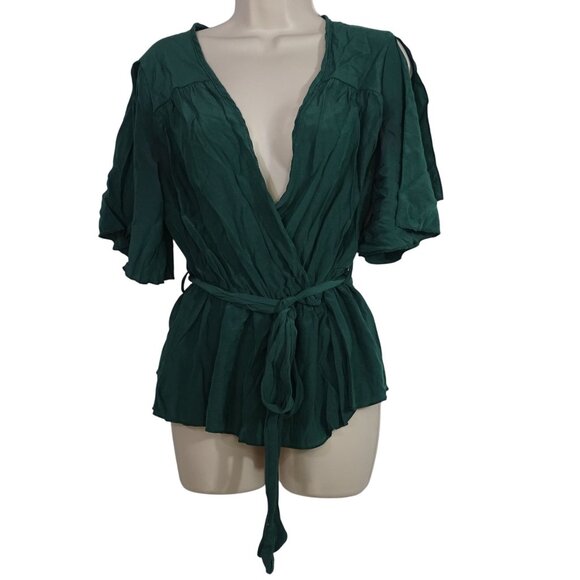 Shein Curve Women Size OXL 12 Green Faux Wrap Top Low V-neck Tie Belt Short Slv - Picture 1 of 9